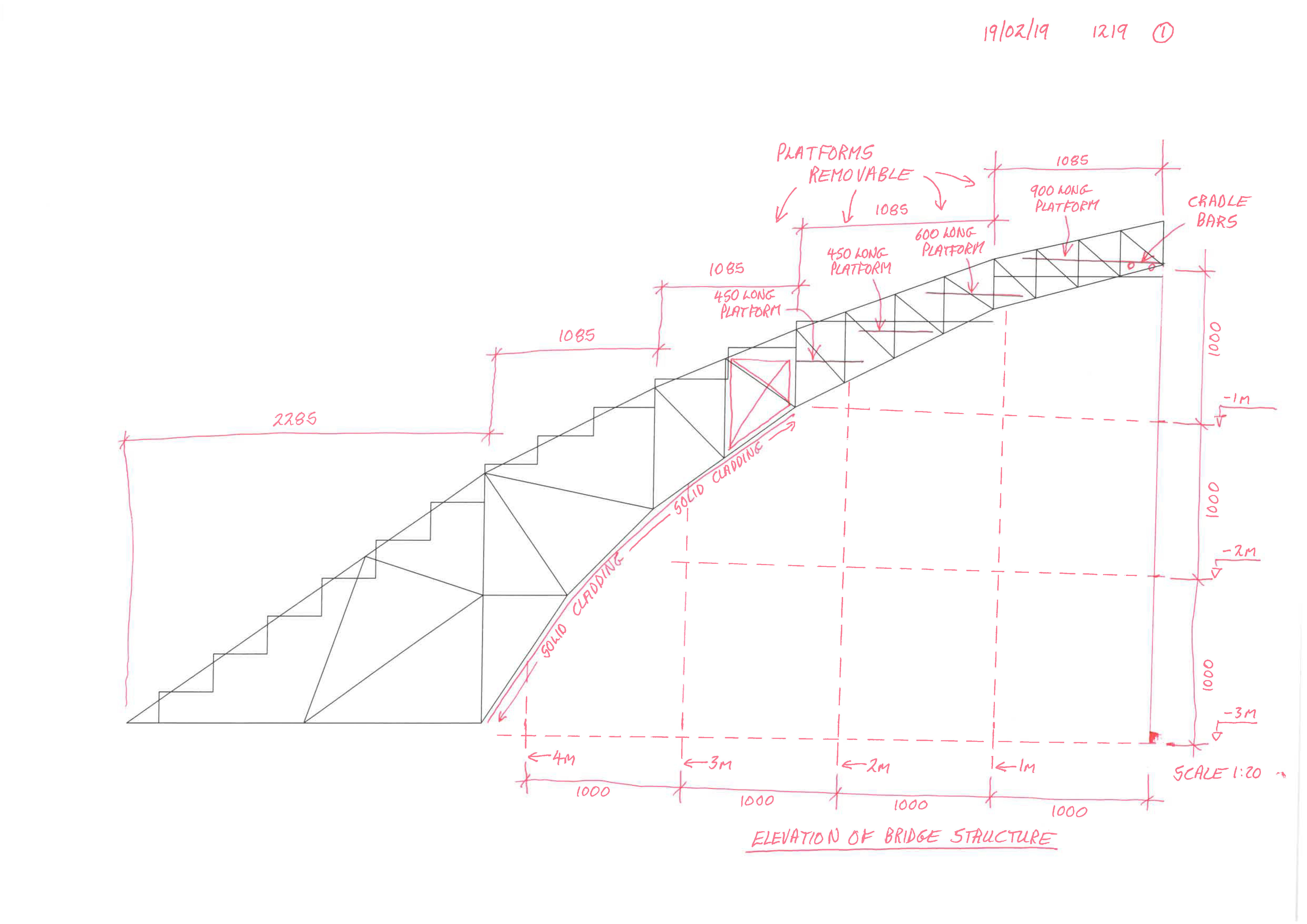 One of many working design sketches of Bridge. This is a pencil drawing showing one half of a bridge, with measurements to show scale.